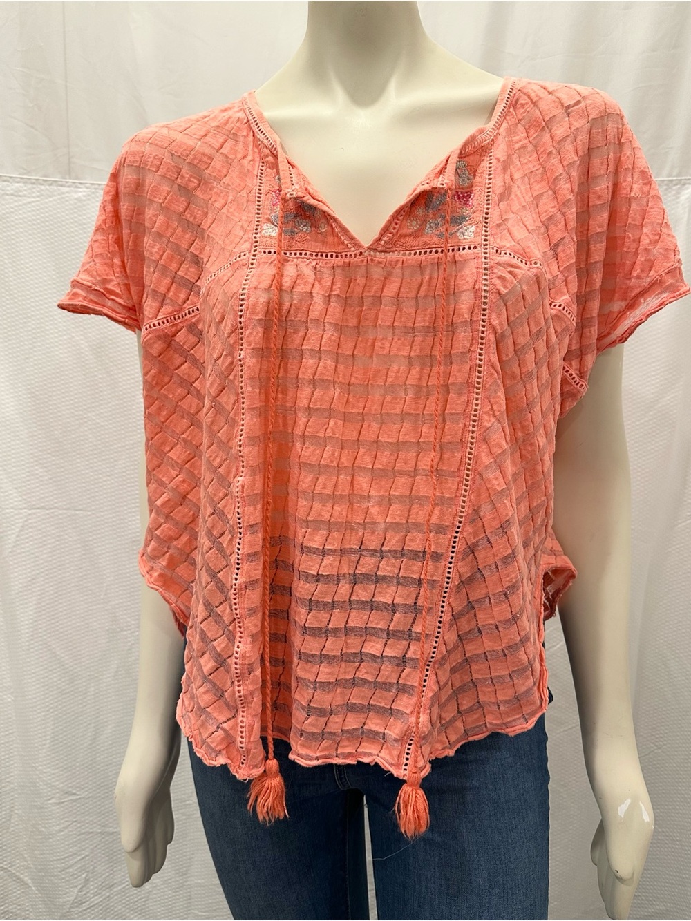 Free People Coral Textured Tassel Peasant Top